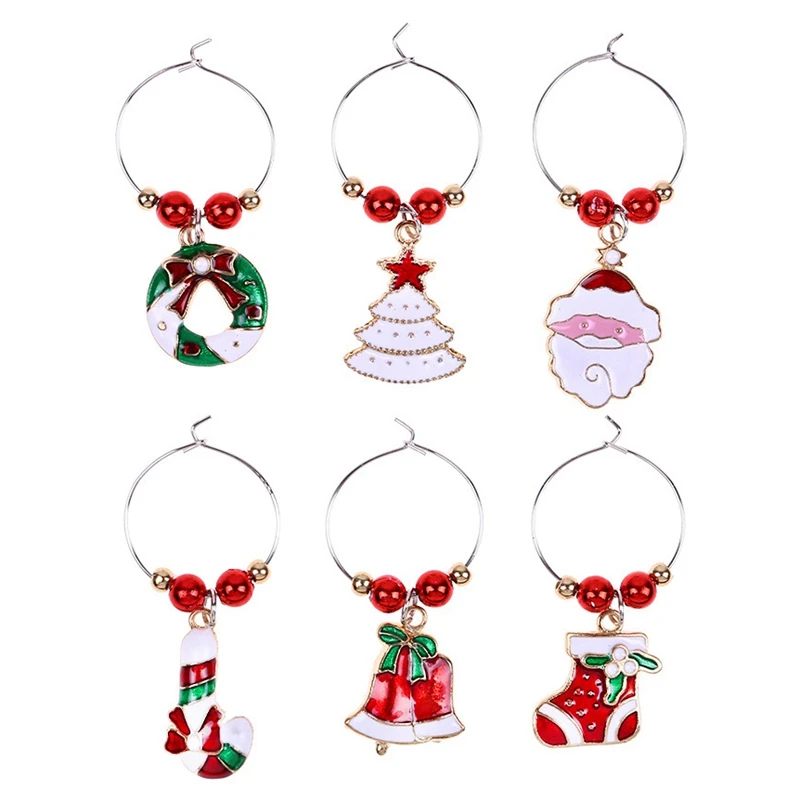 1Set Christmas Wine Glass Decoration Charms Party New Year Cup Ring Table Decorations Xmas Pendants Metal Ring Decor