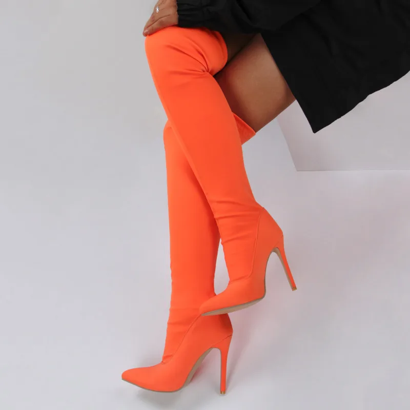 New Knee High Boots Suede Side Zip Women Shoes Stiletto Heel Orange Over The Knee Stretch Boots Large Size Bota Feminina