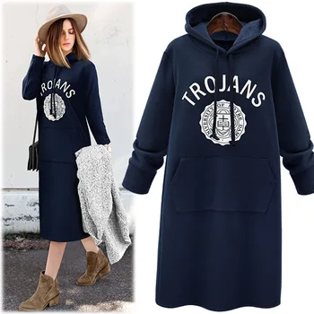 

2019 autumn and winter new plus velvet thickening pullover Hoodie female loose hooded large size long dress