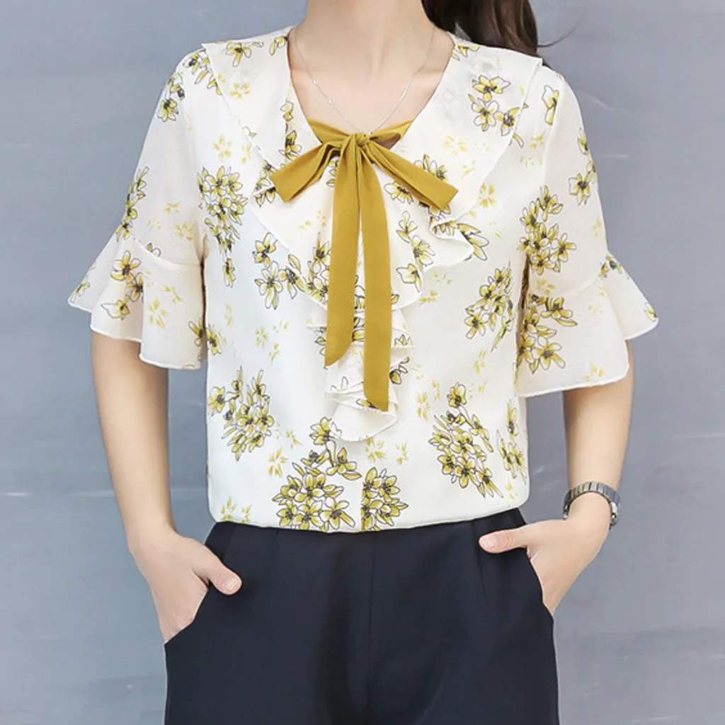 

Womens Chiffon Blouse Elegant Loose V-Neck Short Sleeve Printing Blouse Tops 7.31