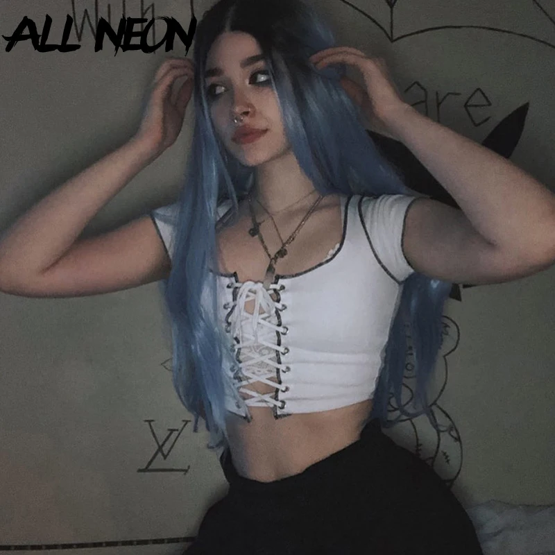 

ALLNeon E-girl Ribbed Square Collar Lace Up Front Crop Tops Solid Hollow Out Short Sleeve T-shirts for Women Vintage Summer Top