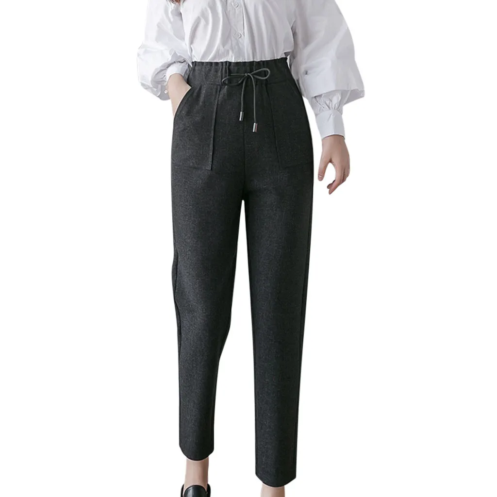 Новые женские прямые брюки классические черные длинные брюки офисные женские осенние повседневные брюки с эластичной талией тонкие флисовые брюки плюс размер - Color: Gray