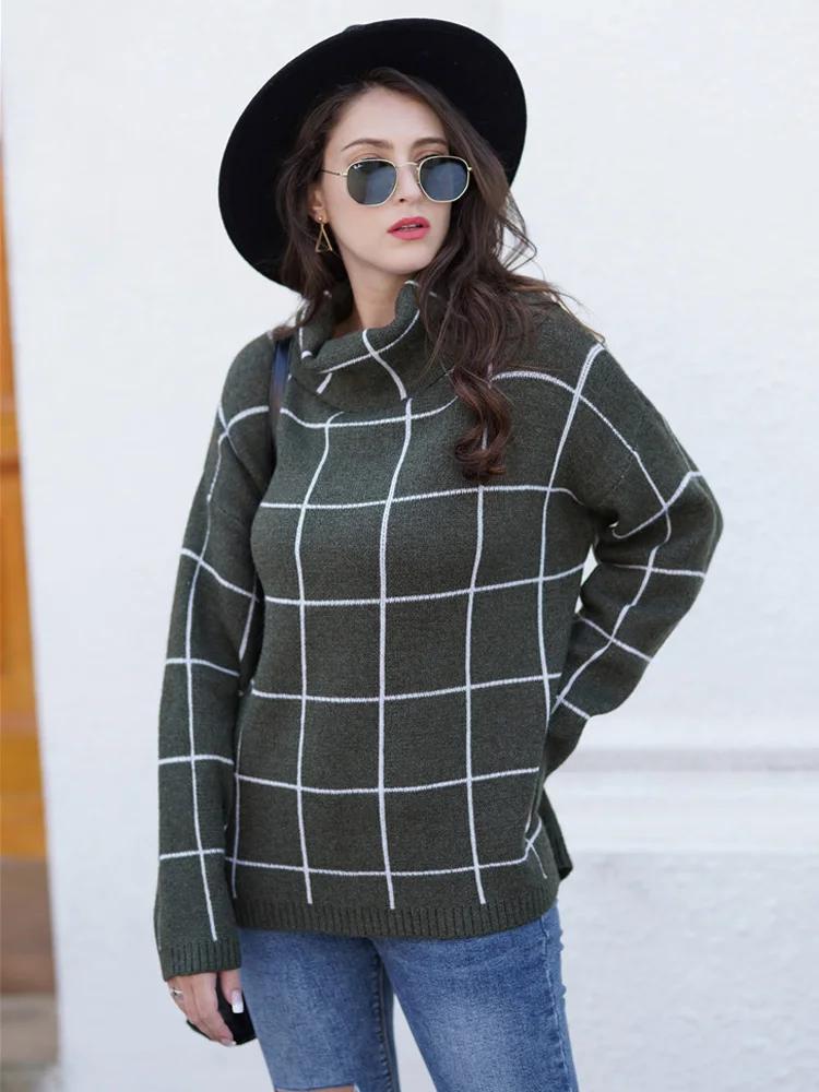 Dark Green Aswinfon, клетчатый свитер с высоким воротом, женские свободные вязаные пуловеры, осенний зимний вязаный свитер, пуловер с длинным рукавом, джемпер для девушек - Цвет: Dark Green