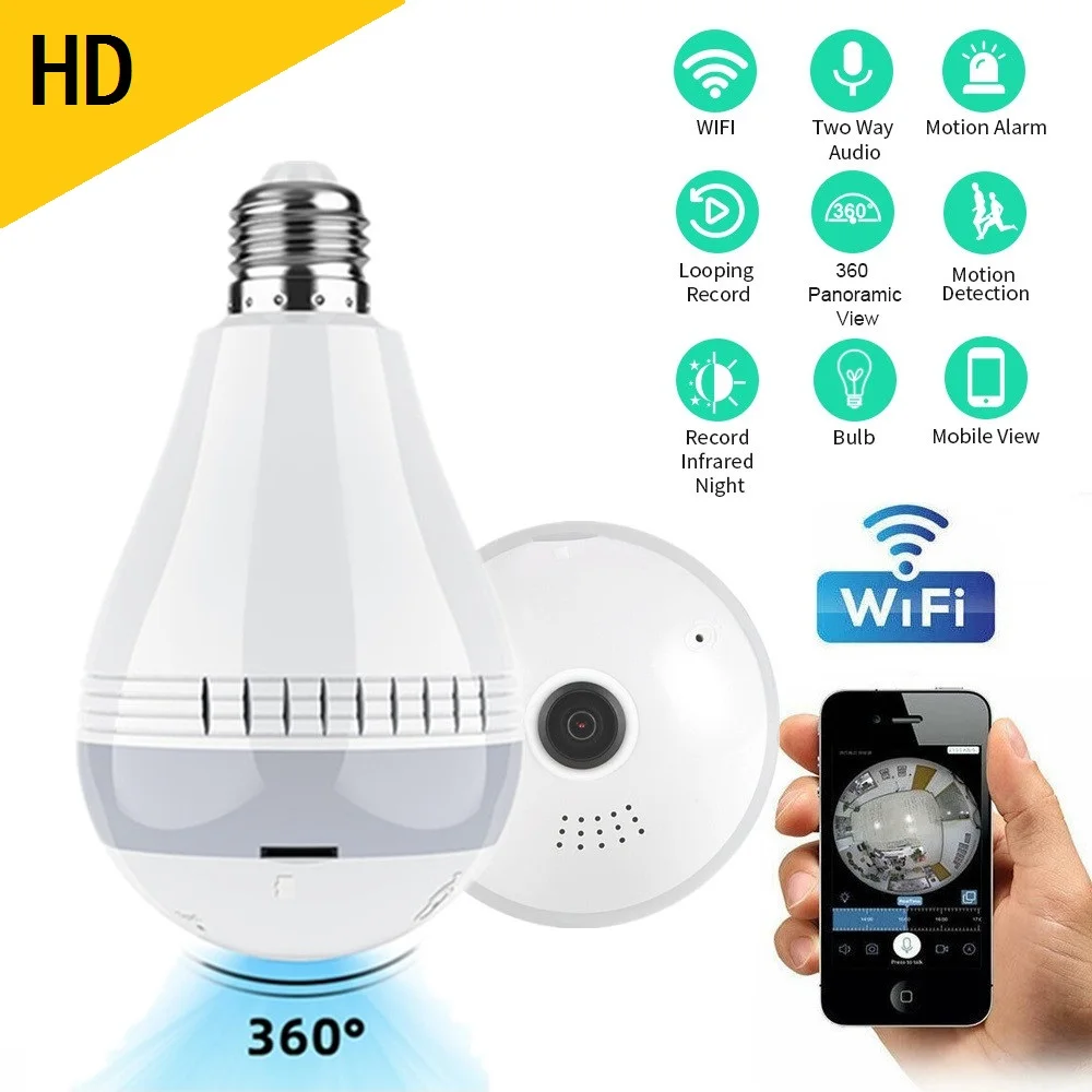 

ieGeek 960P IP Camera, EC Network Panoramic Camera 220V E27 Bulb Shape 2 Way Audio Night Vision Motion Detection & Alarm
