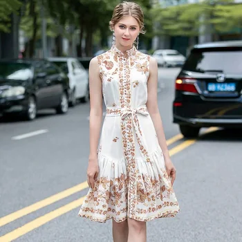 

Summer Fashion Designer Lace Up Dress vintage Flower Print Stand Collar Single-Breasted Sleeveless Dress