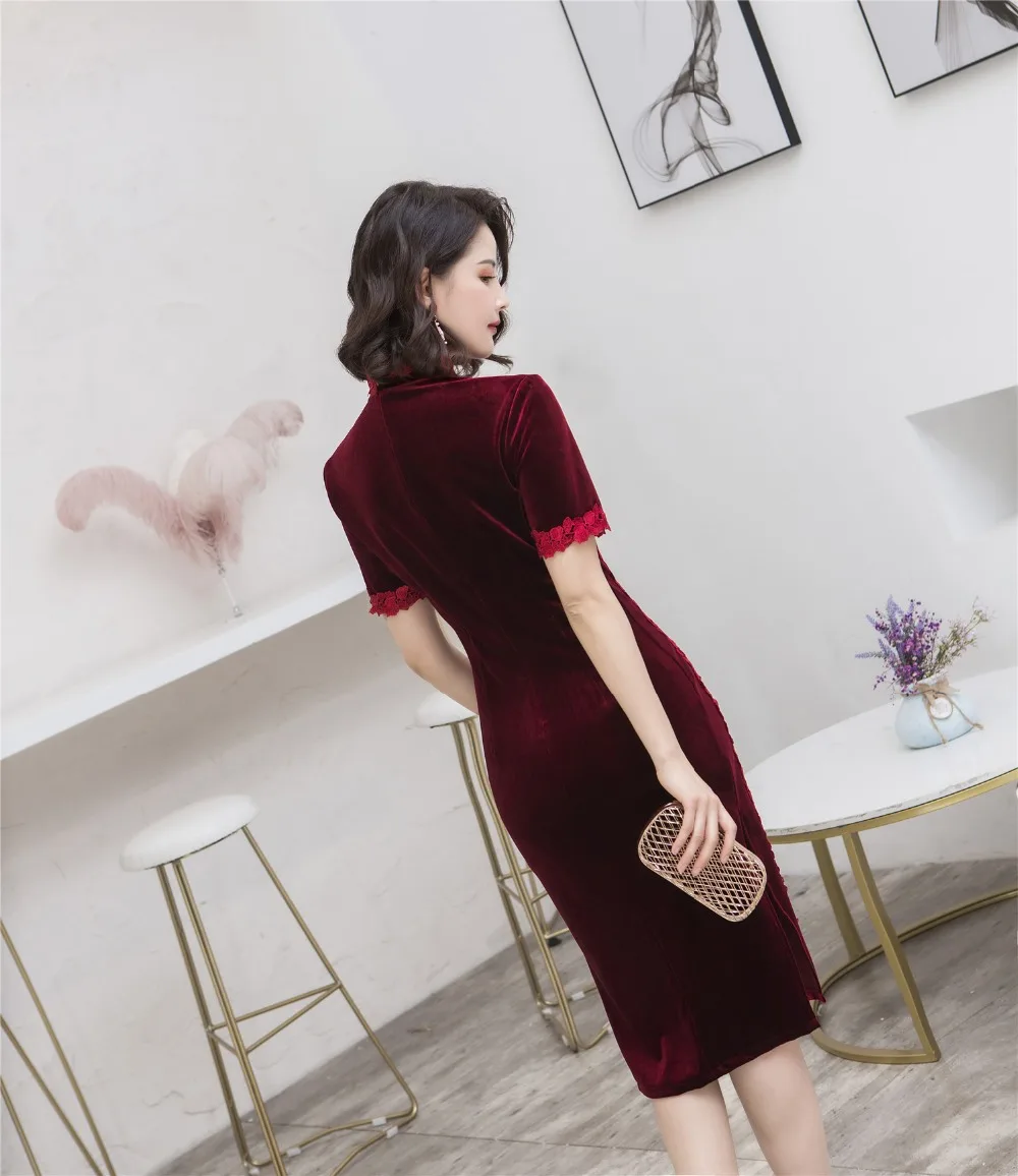 Шанхай история кружева каймы по колено Cheongsam велюровое традиционное китайское Ципао платье