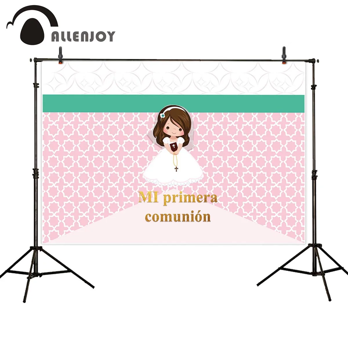 

Allenjoy Holy Communion Event Curtain Lattice Stripe Cute Girl Baby Shower Background Cloth Princess Christening Party Supplies