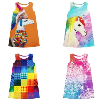 

Teenage Girls Dresses Children's Clothing Unicorn Digital Printing Round Neck Girl's Dress Summer Sleeveless Beachwear Sundress