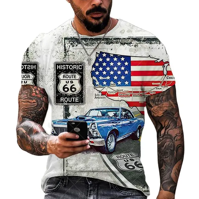 Summer Men's T Shirts Oversized Loose Clothes Vintage Short Sleeve Fashion America Route 66 Letters Printed O Collared T shirts 3