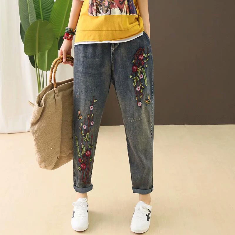 

New Arrival Spring Autumn Women Elastic Waist Cotton Denim Harem Pants Flower Embroidery Vintage Loose Jeans Plus Size D493