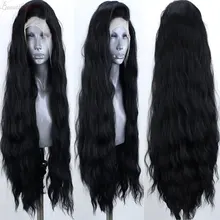Черный естественная волна руки связали синтетические 13*3 Синтетические волосы на кружеве парик термостойкие волокна волосы натуральных волос пробор для Для женщин парик