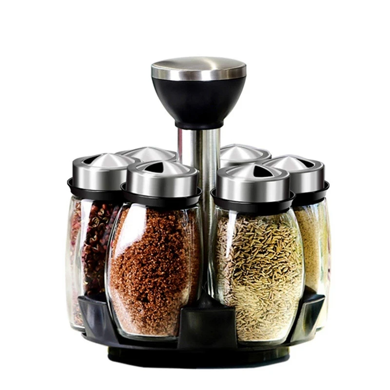 

7Pcs/Set Rotating Stainless Steel Cruet Condiment Spice Jars Set Salt And Pepper Shakers Seasoning Sprays Kitchen Tool