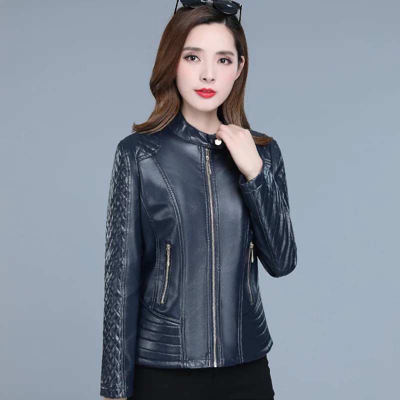 6XL осенне-зимние пальто-Кардиган Повседневная куртка из искусственной кожи на молнии с длинными рукавами плюс размер женские корейские узкие куртки пальто - Цвет: RY01Dark blue