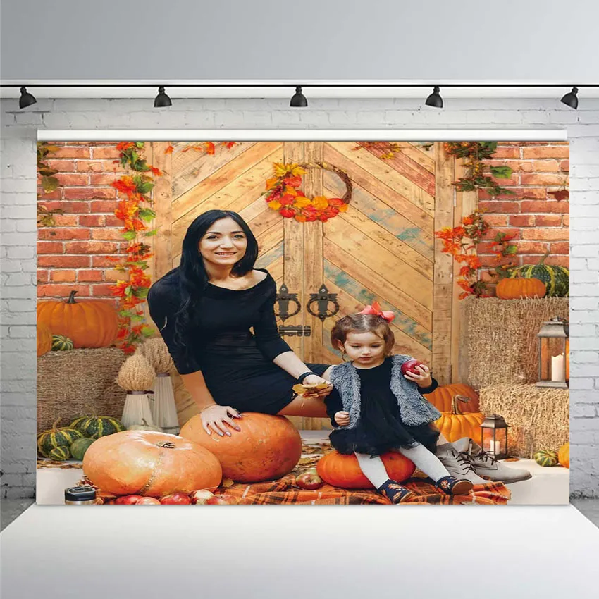 Custom Thanksgiving Party Autumn Brick Backdrop Wooden Doors Harvest Backdrop Fall Maple Leaves Backdrop Pumpkin Background