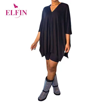 

Sexy Women V Neck Two Pieces Set Solid Casual Loose Bat Sleeve Tops And Shorts Femme Streetwear Plus Size Tracksuit SJ5790R