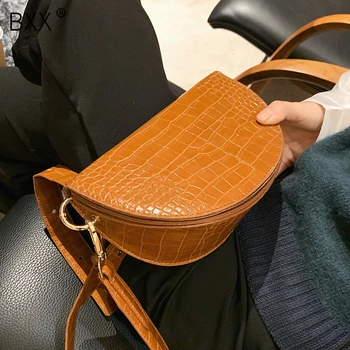 

[BXX] PU Leather Crocodile Pattern Saddle Bags For Women 2020 Winter Shoulder Bag Lady Branded Trending Handbags and Purse HP333