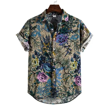 

korean clothes Shirts For Men Linen Ethnic Short Sleeve Casual Printing Hawaiian Shirt Blouse рубашка мужская