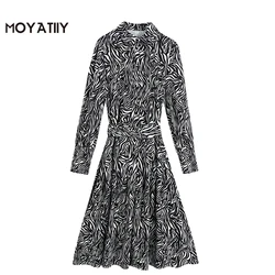 MOYATIIY Vestido camisero Midi con estampado de cebra para mujer, vestido plisado Vintage con estampado de animales, 2022