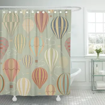 

Blue Vintage with Hot Air Balloons Retro Bathroom Curtains Waterproof Polyester Fabric 72 x 72 Inches Set with Hooks