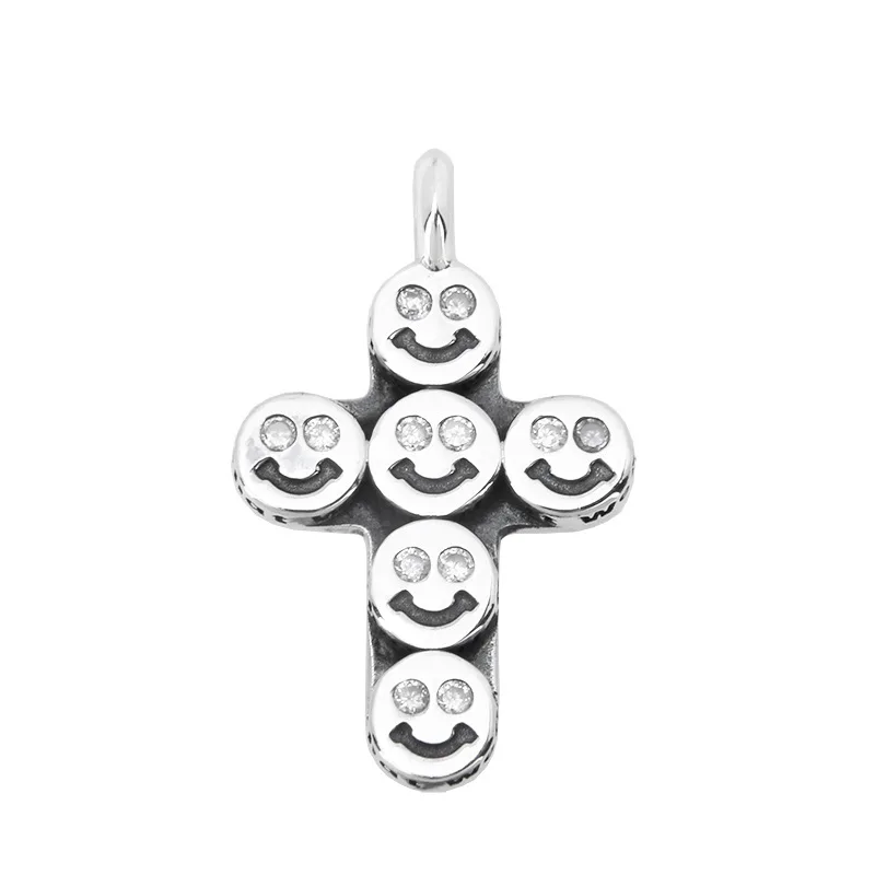 

100% s925 sterling silver smiley cross pendant male and female personality hip-hop punk style Thai silver pendant