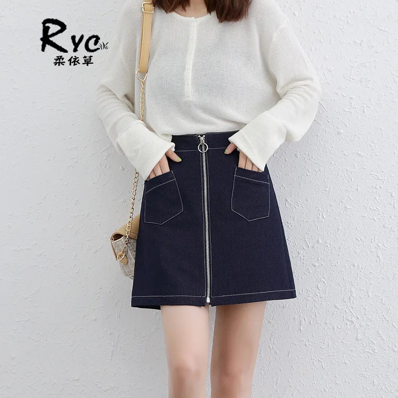 

Denim Skirt Open Wire Pocket A- line Skirt 2019 Autumn New Style Korean-style Zipper Slimming Sheath Black Skirt Fashion