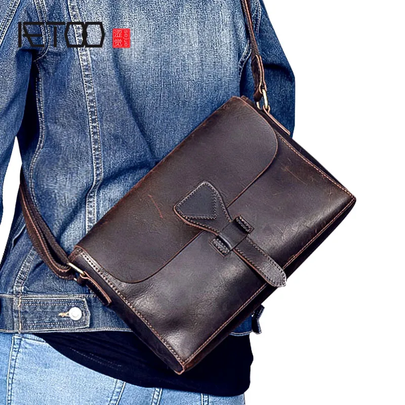 

BJYL New original men's leather Messenger bag retro crazy leather leather cross section bag men bag