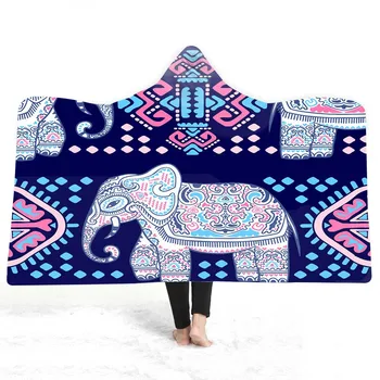 

Free shipping Gift Bohemian BOHO Mandala Elephant Pattern Plush Hooded Blanket Adults Kids Warm Fleece Travel Camping Sofa Throw