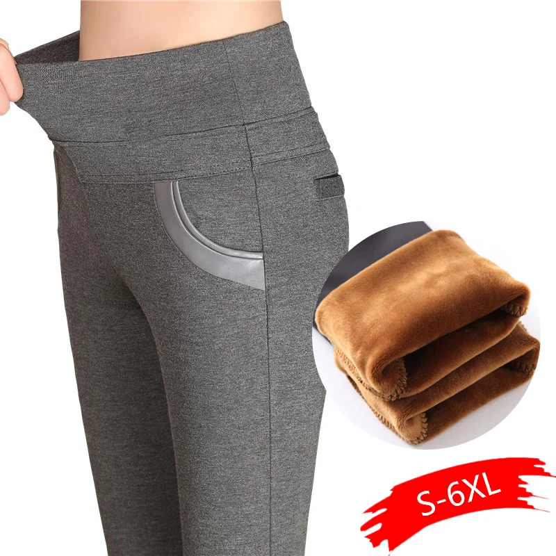 

Plus Size 5XL 6XL Women Pencil Pants Capri High Elastic Waist Fleece Stretch Spliced Office Formal Causal Pants Female Trousers