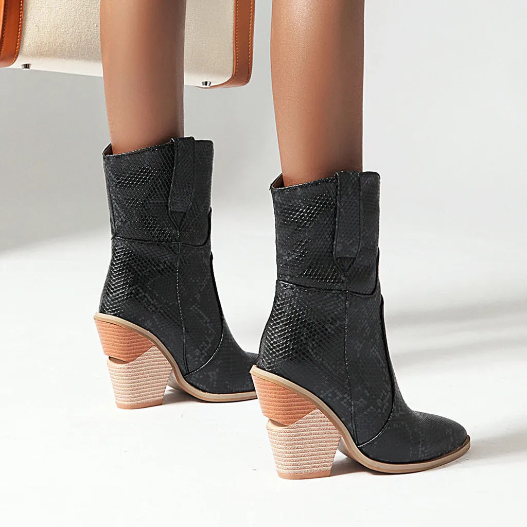 autumn Winter new Womens Leather Snake Print Wedges Shoes Pointed Toe Cowboy Slip-On Boots high heel boots women boots#O19