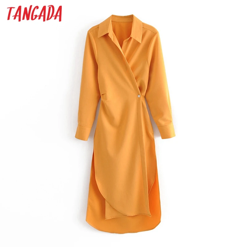 Tangada 2020 Autumn fashion women solid shirt dress button long sleeve bow ladies midi dress vestidos 3H669