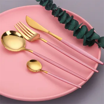 

16Pcs Pink Gold Cutlery Set Mirror Colorful Flatware Set 18/10 Stainless Steel Dinnerware Set Kitchen Silverware Gold Tableware