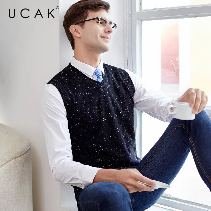 Low Price UCAK Brand Pure Merino Wool Sweater Vest 2019 New Arrival Casual Autumn Winter Pull Homme Streetwear Warm Sweaters Clothes U3115