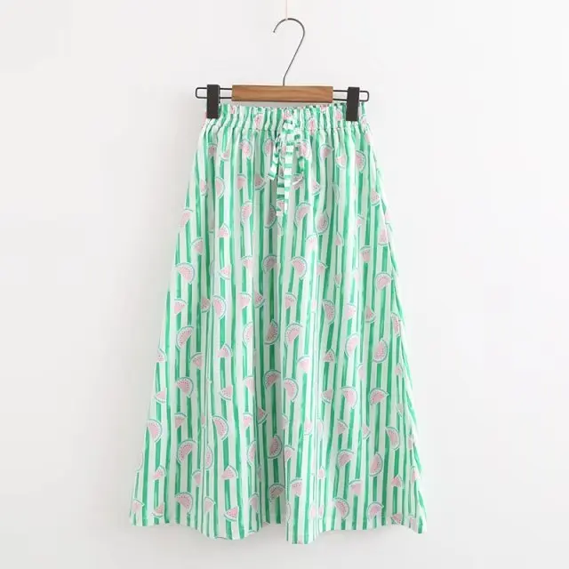 

2017 Summer New Style Japanese-style Watermelon Printed Skirt Women's Elastic Waist Casual A- line Skirt Stripes Long Skirts