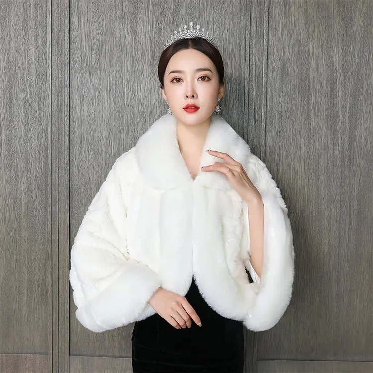 Слоновая кость JaneVini Bride Fur Coat with Long Sleeves High Neck Faux Fur Wedding Bridal Top Wraps Capes Womens Jackets Winter Dress Boleros - Цвет: Слоновая кость