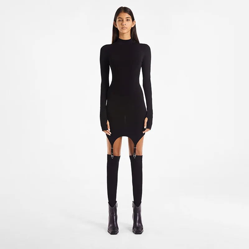 

Women Autumn Party Dress 2Pcs Clothes Set, Solid-Color High-Collar Long-Sleeves Tight-Fitting Skirt Stockings Outfits