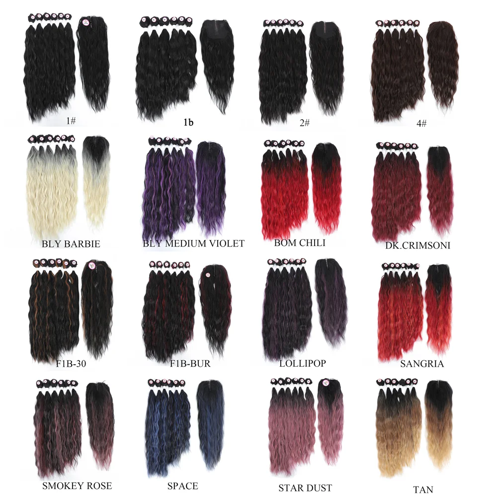 Ombre Blonde Colored Synthetic Hair Extensions X-TRESS Natural Wave 6 Bundles With Lace Closure Middle Part Colorful Curly Weave