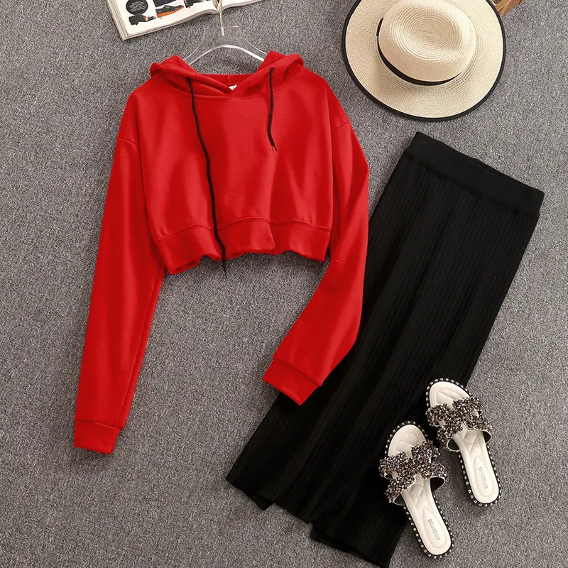 

2019 New Autumn Student Girls Red Short Hoodie Tops + Mid-calf Length Knitted Skirt Two-piece Women Casual Skirt Set