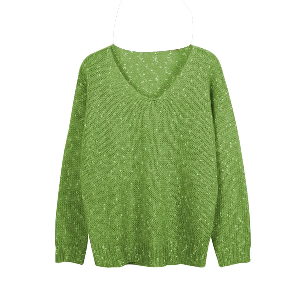 Золотые руки осень зима модный свитер женский бренд стиль уличный Повседневный длинный рукав v-образный вырез Однотонный пуловер вязаный свитер - Цвет: green