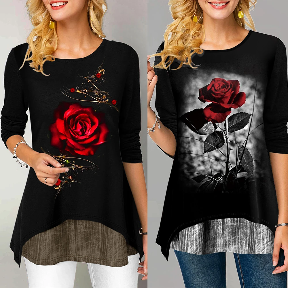 

Women Rose Print Top Casual Wild Three Quarter Sleeve O-Neck Curved Hem Stitching Contrast Spring Autumn Pullover T-Shirt D35