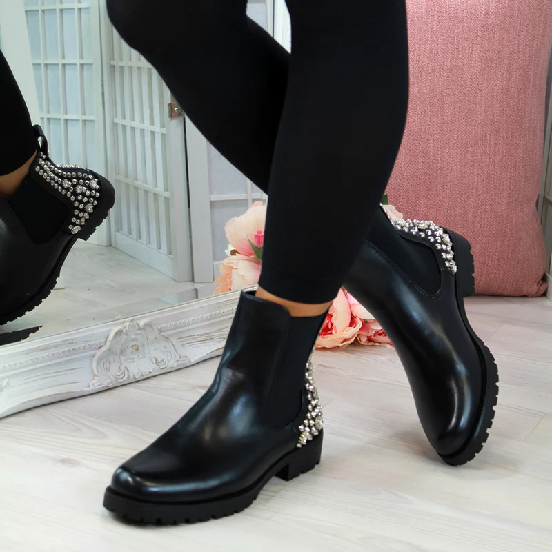 Cena Ciepłe buty damskie damskie gumowe krótkie nity buty szpilki grube buty na niskim obcasie wysokie buty damskie rozmiary