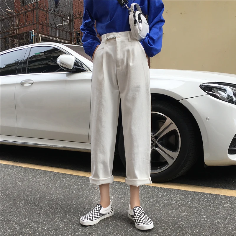 Jeans Women BF Straight Loose Solid High Waist Simple All-match Chic Casual Womens Trousers Harajuku Korean Pockets Fashion HOT