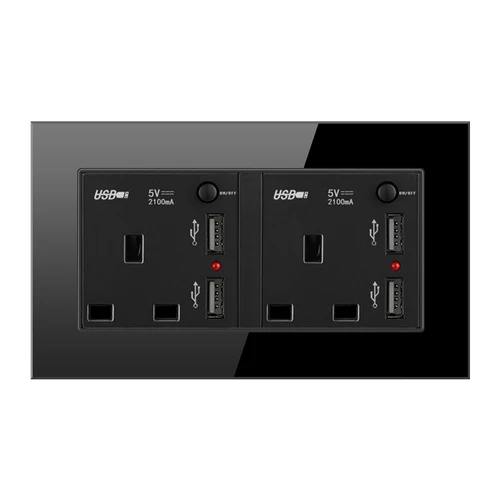 147 UK 5 Хрустальная стеклянная панель, USB порт для зарядки, 2.1A, настенное зарядное устройство, светодиодный индикатор, 13А, английская розетка, выключатель, розетка, черный цвет, 1, 2, 3, 4 комплекта - Цвет: 147 UK 5