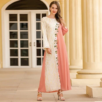 

Siskakia Maxi Long Dress Sweet Orange Pink Gold Woven Embroidered Long Sleeve Dresses Dubai Oman Arabian Holiday Casual Abayas