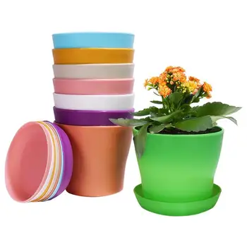 

8PCS Flower Pot Colorful Durable Resin Plant Flower Pot Gloss Planter with a Saucer Tray Drainage Holes Home Garden Decoration