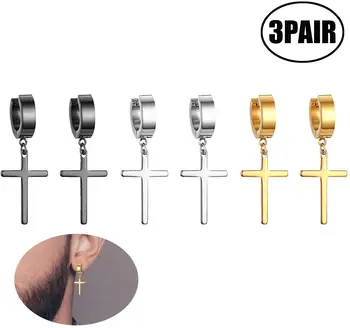 

Lvcky Men's Women's Creole Earrings Cross Set of 3 Fake Creole Earrings Ear Clip Without Ear Hole