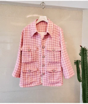 

Designers Brand Pink Tweed Jacket Office Lady Four Big Pockets Beautiful Buttons Decoration Elegant Fashion Formal Short jacket