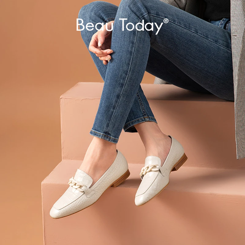 BeauToday mocasines de piel de vaca con diseño de cocodrilo para mujer, mocasines con punta cuadrada, de cadena, planos, Color Beige, hechos a mano, 27407|Zapatos planos de mujer| - AliExpress