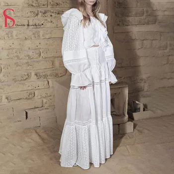 

DS Autumn Embroidery Lace Lantern Long-sleeved Stitching Ruffled Shirt Top + High-waisted Long Skirt Suit Women 2 Piece Set