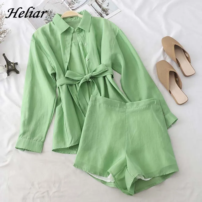 

Heliar Cardigan Shirts Waist Belt Top and Shorts Suits 2019 Summer Two Pc Outfits Women Summer Suits Shirts and Shorts Sets