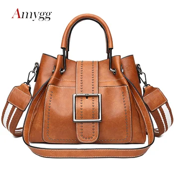 

2019 Vintage Rivets Women Messenger Bags Famous Designer Top-handle Bags Belt Decoration Shoulder Bag High Quality Tote Bag